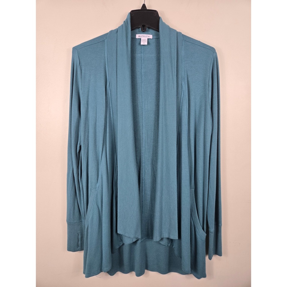 Athleta Pranayama Wrap Cardigan Teal Blue Green Open Front Thumbholes Size M